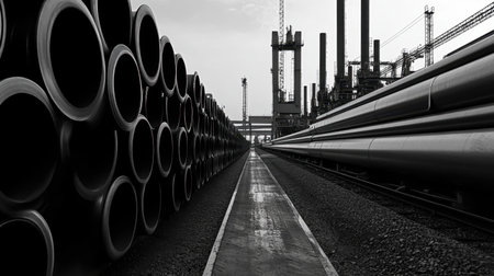 A striking monochrome photograph showcasing a row of large steel pipes alongside an industrial site, emphasizing the structure and design of modern manufacturing.の素材
