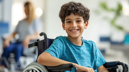 A cheerful boy in a wheelchair smiles brightly in a modern facility, showcasing joy and positivity in a supportive environment for healing and accessibility.の素材