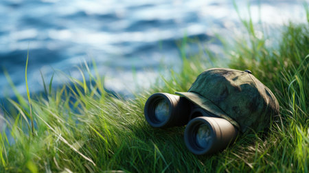 A camouflage cap and binoculars lay on lush green grass near tranquil water. This image captures the essence of outdoor adventures and exploration.の素材