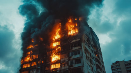 A dramatic scene of a burning urban building with flames and thick smoke rising against a darkened sky, capturing a moment of danger and urgency.の素材