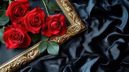 This stunning image features vibrant red roses elegantly arranged in a gold frame, set against a luxurious black silk background. Perfect for expressing love and beauty.の素材