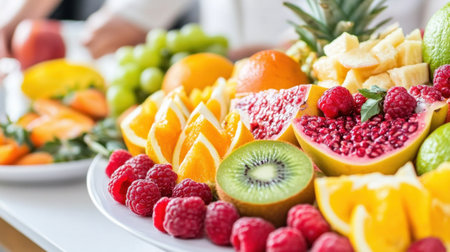 A vibrant and colorful display of assorted fresh fruits arranged on a plate. This healthy food setup features berries, citrus, and tropical fruits, perfect for summer gatherings.の素材