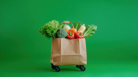 A vibrant assortment of fresh vegetables and fruits arranged in an eco-friendly paper bag against a bright green background, symbolizing healthy living.の素材