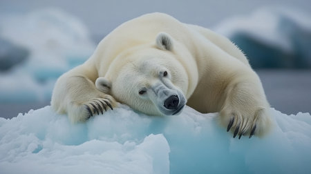 A serene polar bear rests on an iceberg, showcasing its majestic white fur and calm demeanor. This image captures the essence of Arctic wildlife in a chilly environment.の素材