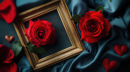 A stunning close-up of a red rose within a golden frame set against a soft silk background. This elegant still life arrangement evokes feelings of romance and beauty, perfect for various occasions.の素材