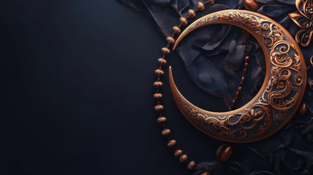 This ornate crescent moon, adorned with intricate patterns, rests on rich dark fabric alongside decorative beads, creating a mystical and elegant atmosphere.の素材