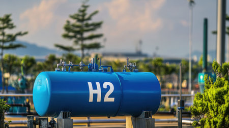 A vivid blue hydrogen storage tank stands prominently in an industrial area, highlighting advancements in renewable energy technology and clean fuel solutions.の素材