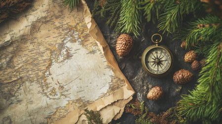 This image features a vintage map and compass surrounded by pine cones and greenery, evoking a sense of adventure and exploration in nature. Perfect for travel themes.の素材