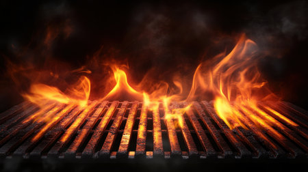 A stunning close-up of vibrant flames leaping across a rustic grill surface, creating a dramatic and inviting scene ideal for culinary themes.の素材