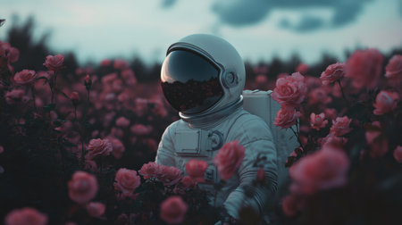 An otherworldly scene featuring an astronaut amidst a field of vibrant roses. The blend of space exploration and nature creates a surreal and enchanting atmosphere.の素材