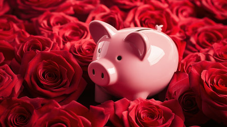 A charming pink piggy bank rests among vibrant red roses, symbolizing the blend of love and financial aspirations. Perfect for romantic and economic themes.の素材