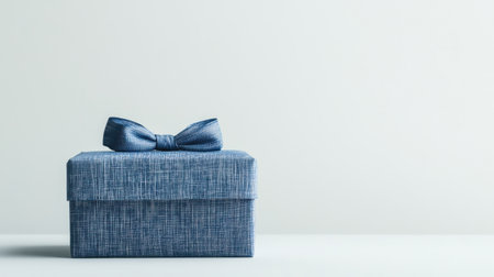 A blue fabric gift box adorned with a bow rests on a minimalist background, conveying elegance and simplicity, perfect for celebrations or special occasions.の素材