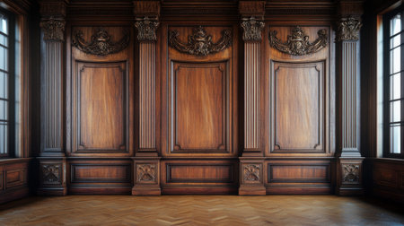A stunning interior featuring rich wood paneling and elegant details, providing a vintage aesthetic. Perfect for design projects focused on classic architecture and decor.の素材