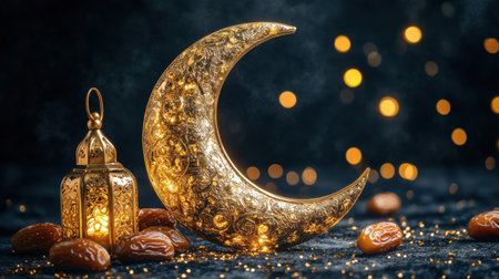 A stunning composition featuring a golden crescent moon and ornate lantern with scattered dates. The glowing elements create a serene and festive atmosphere, perfect for celebrating cultural occasions.の素材