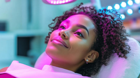 A young woman enjoys a refreshing facial treatment under LED light, emphasizing the importance of self-care and relaxation in beauty routines.の素材