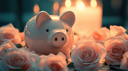 A charming pink piggy bank nestled among delicate roses, illuminated by soft candlelight. This serene scene evokes feelings of warmth, love, and financial aspirations.の素材