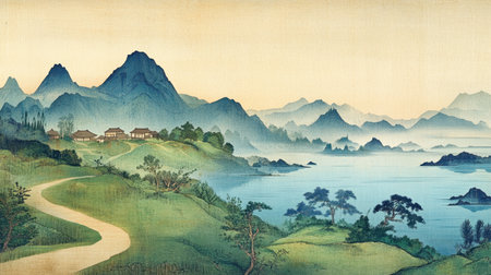 A beautiful serene landscape featuring mountains, a river, and a traditional village. This artwork captures the essence of tranquility and nature's beauty.の素材