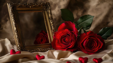 This beautiful composition features vibrant red roses beside a stylish frame and decorative hearts, creating a romantic ambiance perfect for love celebrations.の素材