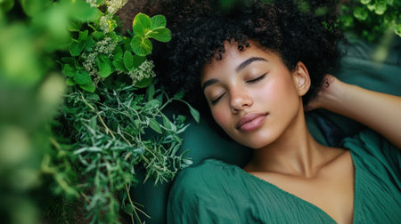 A tranquil young woman lies among a rich array of greenery, exuding calmness and serenity. This image captures the essence of relaxation and connection with nature.の素材