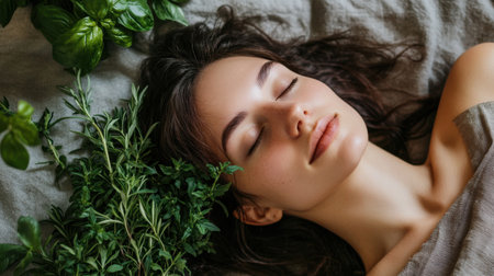 A tranquil scene of a woman resting with herbs, embracing natural beauty and relaxation. The soft light highlights her peaceful expression, inviting a sense of calm.の素材