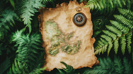 An antique compass rests atop an aged map, surrounded by lush ferns, evoking a spirit of adventure and exploration in a natural setting. Ideal for travel themes.の素材