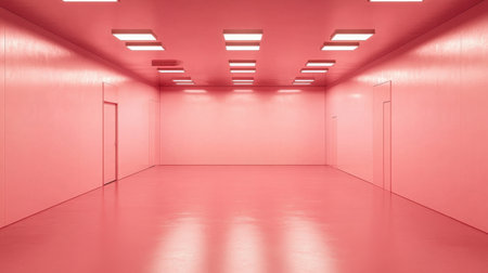 A serene minimalist pink room featuring bright overhead lighting and a smooth floor. The aesthetic ambiance creates a calming backdrop for creative inspiration.の素材