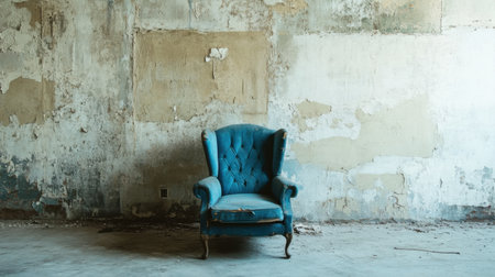 A vintage blue chair stands alone in an abandoned room, highlighting the contrast with a rustic wall. The scene evokes feelings of isolation and nostalgia.の素材