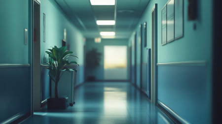 A tranquil hospital hallway featuring soft lighting, a green plant, and a serene atmosphere. This well-designed space promotes relaxation and healthcare.の素材