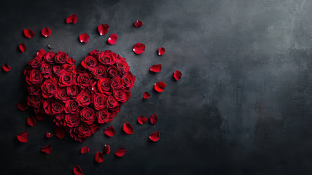 A stunning heart shape crafted from vibrant red roses, surrounded by delicate petals, creates a perfect romantic scene for love and celebration.の素材