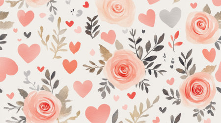 Discover a beautiful floral pattern featuring roses and hearts in soft pastel colors. Perfect for romantic designs and cheerful decor ideas.の素材
