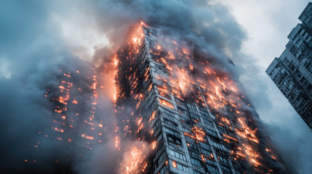 A dramatic scene depicting a high-rise building engulfed in flames and smoke during a nighttime emergency. The intense fire highlights the urgent need for safety measures.の素材