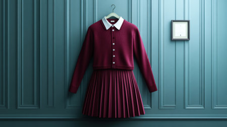 A beautiful burgundy sweater and pleated skirt displayed on a wall hanger in a minimalist setting, showcasing a stylish and elegant fashion choice.の素材