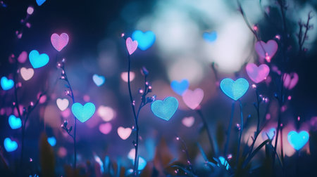 A mesmerizing scene featuring colorful illuminated hearts set amidst a serene garden at twilight. Perfect for romantic themes and artistic projects.の素材