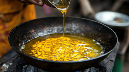 A close-up view of golden oil being poured into a traditional pan, creating beautiful swirling patterns. The vibrant color adds an artistic touch to the cooking process.の素材