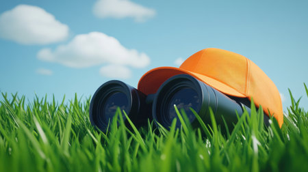 A vibrant orange cap rests beside a pair of binoculars in lush green grass under a blue sky dotted with fluffy white clouds, perfect for outdoor adventures.の素材