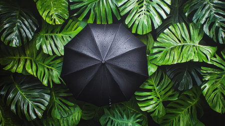 A striking black umbrella rests amidst vibrant green tropical leaves, showcasing a perfect blend of nature and style. Ideal for themes of tranquility and protection.の素材