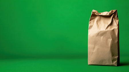 A simple brown paper bag stands on a vibrant green background. Ideal for showcasing packaging concepts, eco-friendly materials, or retail themes.の素材