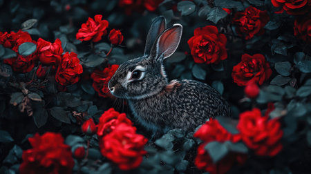 A charming rabbit nestled among striking red roses, capturing the essence of nature's beauty. The vibrant colors create a serene garden atmosphere.の素材