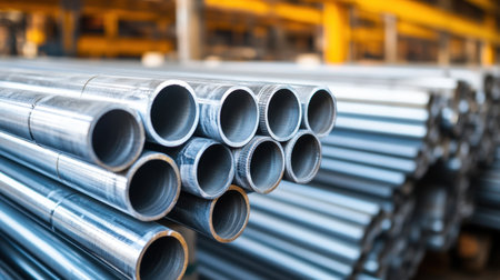 Close view of industrial steel pipes stored in a warehouse. The shiny surfaces highlight the materials used in construction and manufacturing processes. Perfect for industrial-themed projects.の素材