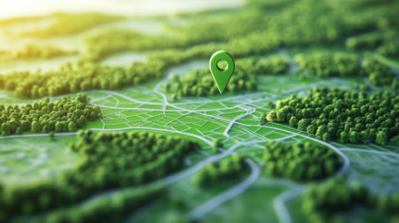 This image shows a vibrant green location pin on a detailed abstract map, symbolizing navigation in a rich forest landscape. Ideal for travel and technology themes.の素材