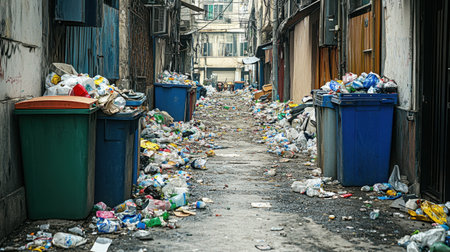 An urban alleyway cluttered with garbage and plastic waste, showcasing the impact of pollution on city environments, and the need for better waste management practices.の素材