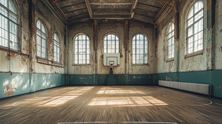 A stunning view of an abandoned basketball court featuring rustic walls and beams of sunlight illuminating the hardwood floor, perfect for nostalgic themes.の素材