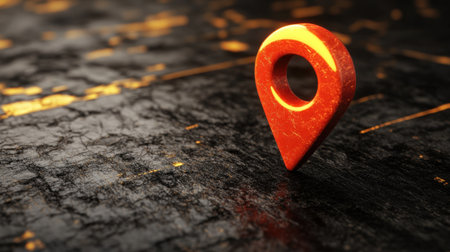 A vibrant orange location pin is displayed on a textured dark background, symbolizing navigation and representation in digital maps, perfect for travel themes.の素材