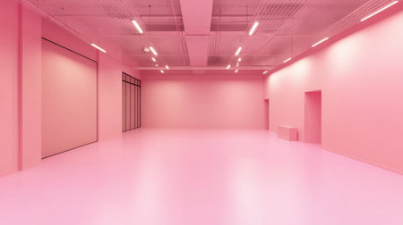 Bright and serene minimalist interior featuring a spacious pink room. Clean lines, modern architecture, and vibrant lighting create a tranquil atmosphere. Perfect for artistic expression and innovative design projects.の素材
