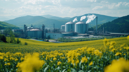 A vibrant view of an industrial facility set against a backdrop of rolling mountains and a field of bright yellow flowers, showcasing the contrast between nature and industry.の素材