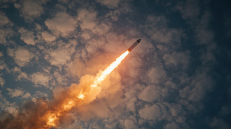 A stunning rocket launch lights up the sky with bright flames and smoke, surrounded by dramatic clouds, symbolizing innovation and exploration in aerospace technology.の素材