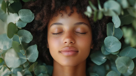 A tranquil portrait of a young woman lying amidst lush greenery, showcasing her peaceful expression and natural beauty, perfect for wellness and relaxation themes.の素材