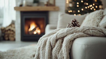 A cozy living room scene featuring a warm fireplace, soft blanket, and decorative pinecone. Ideal for conveying comfort and holiday spirit in interiors.の素材