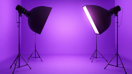 A professional photography studio featuring a vibrant purple background and innovative lighting setup, perfect for capturing stunning images and portraits.の素材
