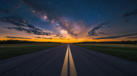Captivating scene of a deserted road stretching towards a colorful horizon, adorned with a captivating starry sky and mesmerizing galaxy above, evoking a sense of adventure.の素材
